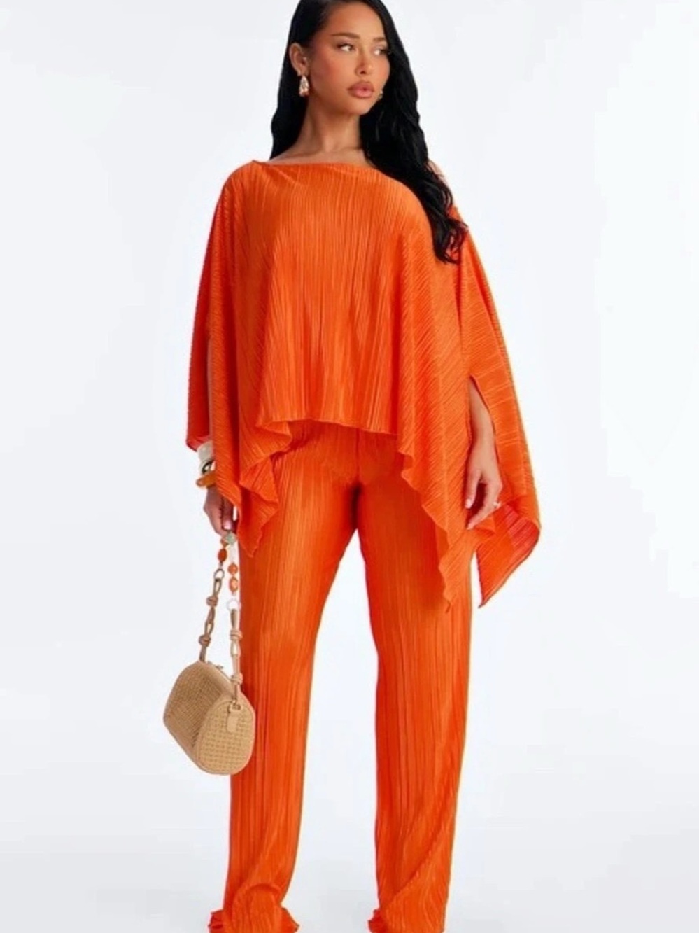 T.A.Y. Thinking About You Pleated One Shoulder Top and Pants Set Orange Set